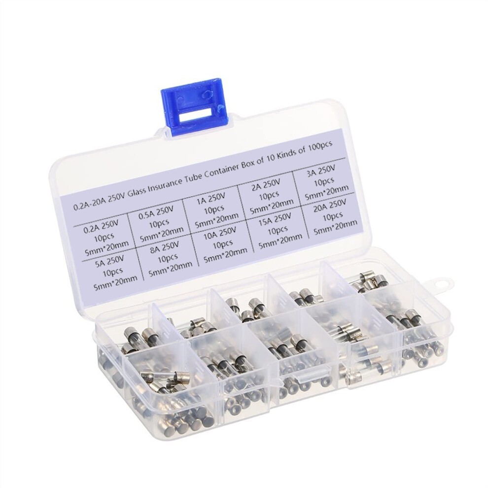 Fuse 100Pcs/Set 5X20mm Quick Blow Glass Tube Fuse Assorted Kits,Fastblow Glass Fuses 0.2A 0.5A 1A 2A 3A 5A 8A 10A 15A 20A 9365049348980