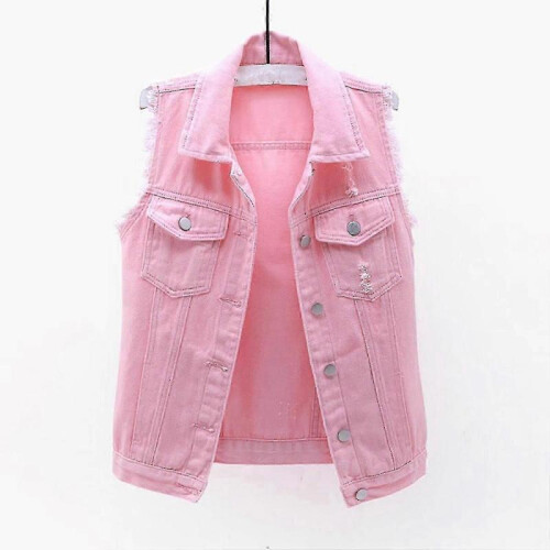 (s, Pink) Women's Spring And Autumn Coat Solid Color Sleeveless Denim Jacket Jacket_1