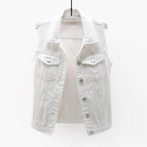 (2xl, White) Women's Spring And Autumn Coat Solid Color Sleeveless Denim Jacket Jacket_1