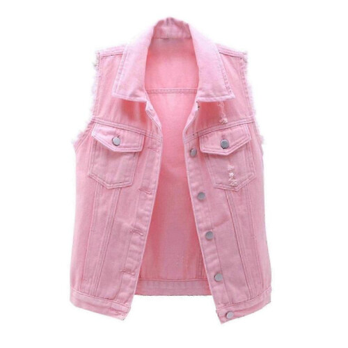 (xl, Pink) Women's Spring And Autumn Coat Solid Color Sleeveless Denim Jacket Jacket_1 1