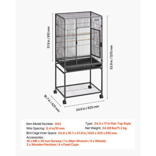 Cage pour oiseaux - DUOKU - Modèle 843 - Toit plat - Roues 360 - Espacement 10 mm 1