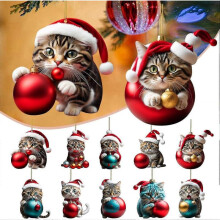 10pcs Christmas Tree Cat Pendant 2d Acrylic, Christmas Cat Hanging Decoration Funny Christmas Cat Ornament for Christmas Tree Gift