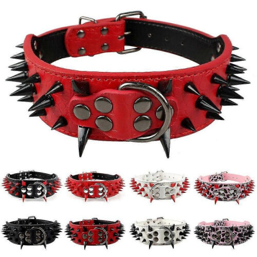 (Red with Black Spiked) 2.0"wide Cool Sharp Spiked Studded Leather Dog Collars For Pitbull Mastiff Bully