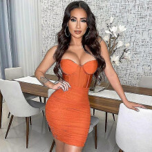 (L,Caramel)Ladies Sexy Bodycon Dress Corset Ruched Sling Mini Dress Women Evening Night Club Clothing