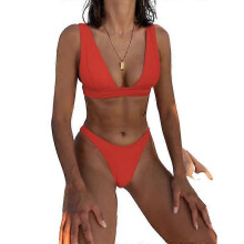 (M,RED ORANGE)Women's Low Waist Bikini Swimsuit Push Up Halter Two Piece Bathing Suit