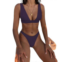 (L,DEEP PURPLE)Women's Low Waist Bikini Swimsuit Push Up Halter Two Piece Bathing Suit