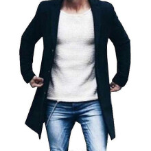 (L,Black)Mens Wool Coat Winter Trench Coats Outwear Overcoat Long Sleeve Button Up Jacket