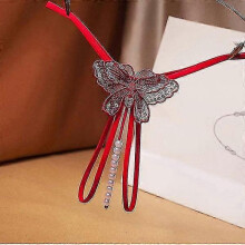 (Red)2022 Fashion Women Lingerie Erotic Thong Open Crotch Panties Butterfly Lingerie Crotchless Pearl String Thong