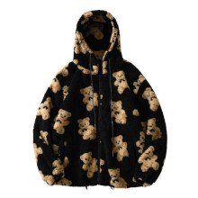 (M,Black)Teddy Bear Print Warm Jacket For Womens