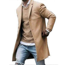 (L,Khaki)Mens Wool Coat Winter Trench Coats Outwear Overcoat Long Sleeve Button Up Jacket