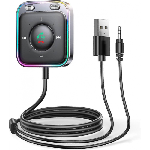 Adaptador Bluetooth AUX para carro com microfone duplo e cancelamento de ruído, receptor USB AUX Bluetooth 5.3 compatível com rádios de carr