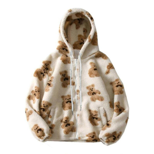 (XL,White)Teddy Bear Print Warm Jacket For Womens