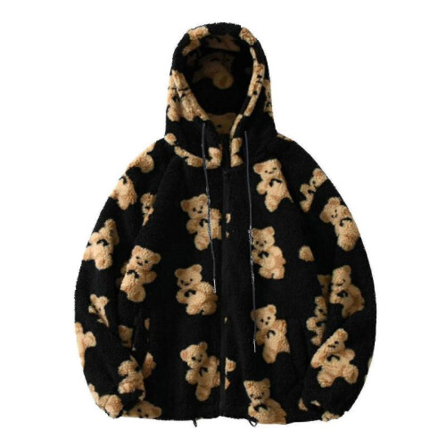 (L,Black)Teddy Bear Print Warm Jacket For Womens