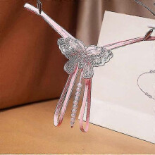 (Pink)2022 Fashion Women Lingerie Erotic Thong Open Crotch Panties Butterfly Lingerie Crotchless Pearl String Thong