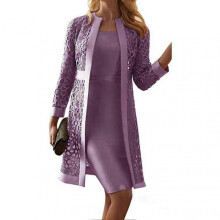 (L,Purple)Fianao Women Outfit Solid Color Lace Cardigan Long Sleeve Knee-length Dress Coat Set for OfficeZZ18