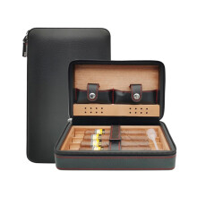 Portable Travel Leather Cigar Case, Cedar Wood Lining Cigar Humidor Box with Humidifier, 4 Counts Capacity(Black)