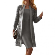 (4XL,Grey)Fianao Women Outfit Solid Color Lace Cardigan Long Sleeve Knee-length Dress Coat Set for OfficeZZ18