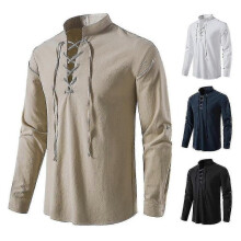 (XL,khaki)2023 New Men's Casual Blouse Cotton Linen Shirt Tops Long Sleeve Tee Shirt Autumn Slanted Placket Vintage Shirts U_iZZ18
