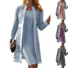 (L,Light Blue)Fianao Women Outfit Solid Color Lace Cardigan Long Sleeve Knee-length Dress Coat Set for OfficeZZ18
