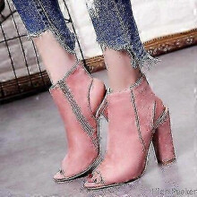 (34,Pink)Faux Suede Leather Ankle Boots For Women Casual Peep Toe Peep Toe High Zipper Heels Fashion Square Rubber Black Shoes