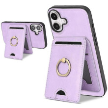 (Purple)Compatible For iPhone 17 Case Detachable Card Bag Compatible with MagSafe PU Leather Coated TPU Cover with Ring Kickstand