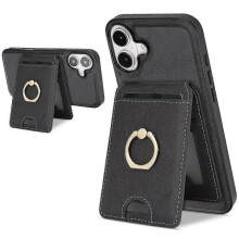 (Black)Compatible For iPhone 17 Case Detachable Card Bag Compatible with MagSafe PU Leather Coated TPU Cover with Ring Kickstand