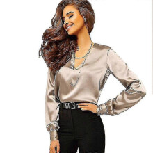 (S) Deep V-neck Blouse Long Sleeve Spring And Autumn Satin Women's Shirt, Silk Blouse