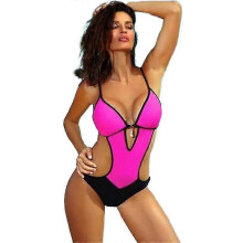 (XXL, PURPLE) Womens Scoop Neck Cutout Front  Back High Cut Monokini One Piece Swimsuit