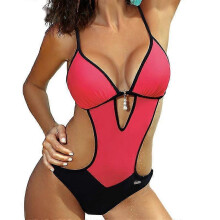 (L, ROSE RED) Womens Scoop Neck Cutout Front  Back High Cut Monokini One Piece Swimsuit