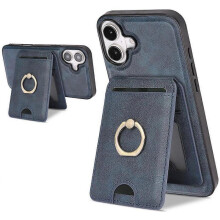 (Blue)Compatible For iPhone 17 Case Detachable Card Bag Compatible with MagSafe PU Leather Coated TPU Cover with Ring Kickstand