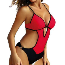 (S, RED) Womens Scoop Neck Cutout Front  Back High Cut Monokini One Piece Swimsuit