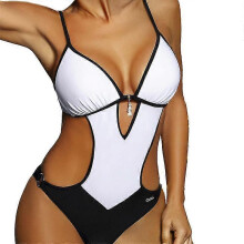 (XXL, WHITE) Womens Scoop Neck Cutout Front  Back High Cut Monokini One Piece Swimsuit