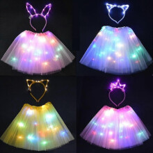 Mädchen Damen LED-Rock Lichterkette Tutu Leuchtende Katzen-Hasenohren Krone Stirnband Partygeschenk Geburtstag Hochzeit Kostüm Halloween Wei