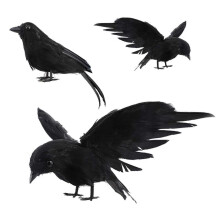 100% brandneue Krähendekorationen, 3er-Pack, realistische handgefertigte schwarze Federkrähen, fliegende und stehende Raben für den Innen- u