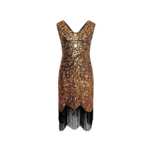 Vestido estilo melindrosa dos anos 20 com decote em V, lantejoulas e miçangas. Vestido de festa com franjas ao estilo Gatsby dos anos 20.