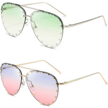 Óculos de Sol Femininos com Tachas, Estilo Aviador, Armação Metálica e Proteção UV 400