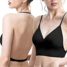 (S, Black) Low Back Bras For Women Wire-free U-shaped Backless Bra With Spaghetti Strap Convertible Sleep Bralette U
