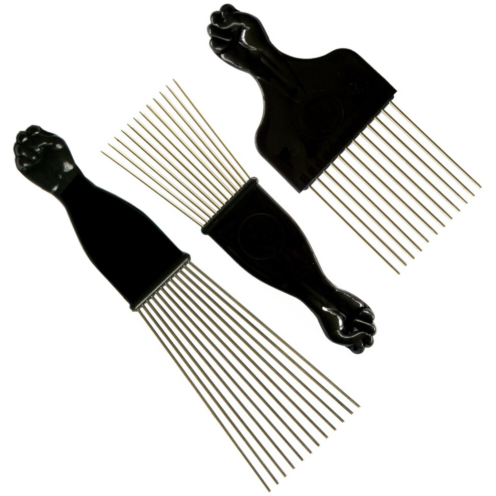 SSK Afro Pick with Black Fist 3 Pack  Metal African American Hair Comb