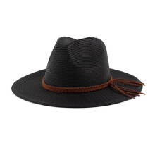 Chapeau de paille décontracté, ceinture tressée élégante,-Noir