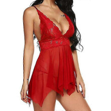 (L, Red) Sexy Women V-neck Lace Lingerie Nightdress + Thongs Sleepwear Underwear Nightwear_c!ZZ19
