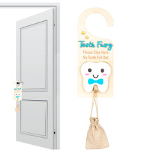 Tooth Fairy Door Hanger Wooden Milk Teeth Keepsake Container With Money Slot Blue Bag For Kids Room Decor