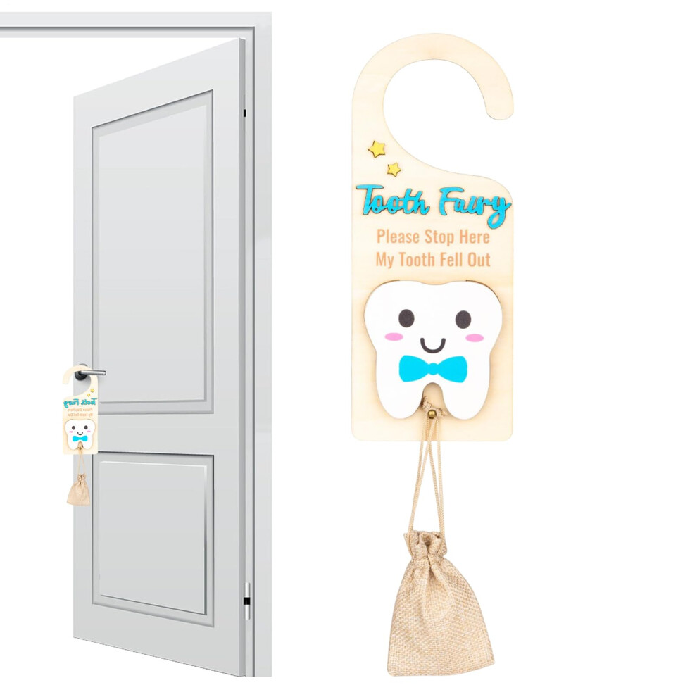 Tooth Fairy Door Hanger Wooden Milk Teeth Keepsake Container With Money Slot Blue Bag For Kids Room Decor