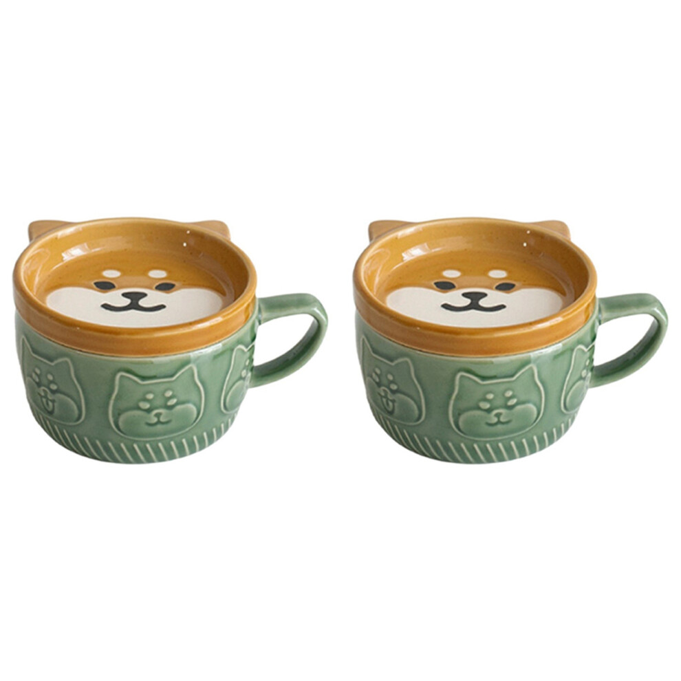 2X Japanese Cute Mug Creative Ceramic Shiba Inu Panda Coffee Cup with Lid Home Couple Milk Breakfast Cup(Green)