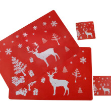 Christmas Placemat Washable Table Place Mat Sets of 12 Placemat & 12 Cup Mats,Elk, Christmas Tree, Snowflake Printed