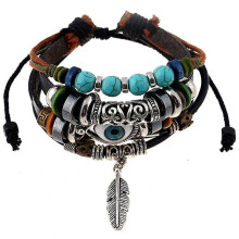 Schmuckarmband aus Rindsleder mit Perlen, mehrlagig, mit Federanhänger im Ethno-Stil, blaue Augen, Studentenarmband