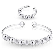 Angstring für Damen, Silberring, Perlen, verstellbares Angstring-Armband-Set