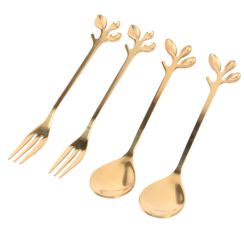 Tableware Gold Leaf Coffee Spoon Fork,12 Pack(6 Spoons 6 Forks) 4.7 Inches Tea Spoon Set 1