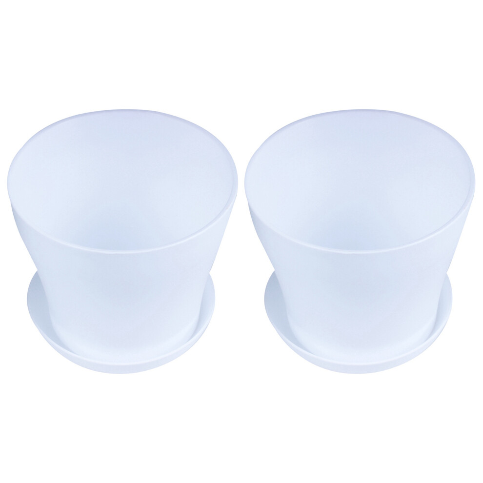 2X Plastic Plant Flower Pot Planter With Saucer Tray Round Gloss Home Garden Decor, White Upper Caliber -, 14cm