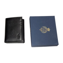 (Black) Ralph Lauren Mens Wallet Genuine Cow Leather Trifold Credit Card Holder Pockets