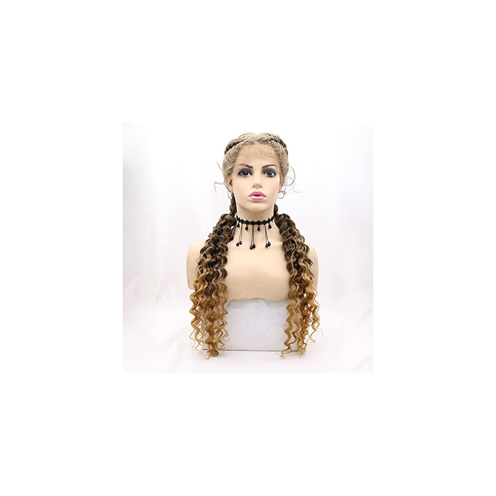 Brown Blonde Copper 30 Inch Lace Front Braided Wig Glueless Knotless Cornrow Curly Synthetic Hair for Women